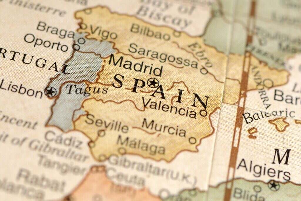 Karta över Spanien med Madrid i centrum.